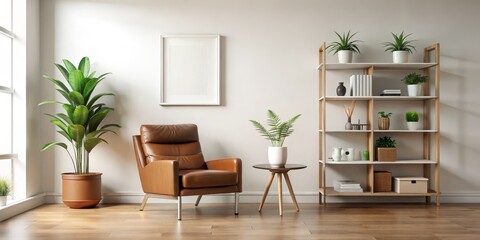 Modern Living Room Interior Design with Leather Armchair, White Shelf and Green Plants, interior design , living room