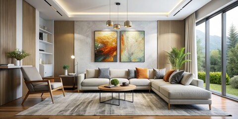 Modern Living Room Interior Design with Wooden Walls, Grey Sofa and Abstract Paintings, interior design, modern living room