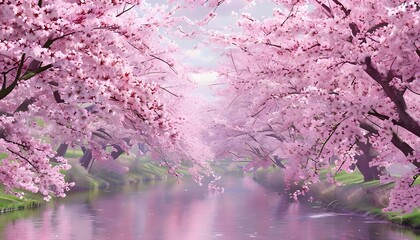 Cherry Blossom Trees in Bloom Over River