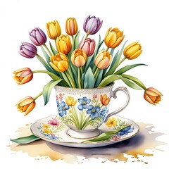 Vibrant tulips arranged in a floral teacup with intricate design on a sunny tabletop