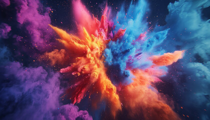 Fototapeta premium slow-motion explosion of colorful powder filling the air with vibrant hues and dynamic textures, creating a mesmerizing visual spectacle.