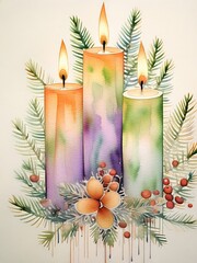 Three lit candles burning with christmas decoration watercolor painting