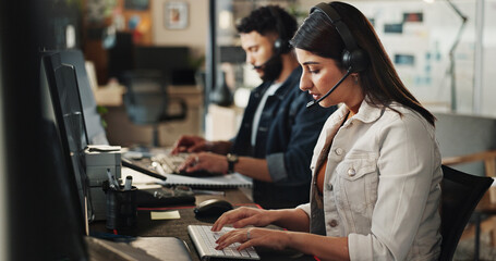 Business woman, consultant or typing with headphones at call center for desktop support, tech...