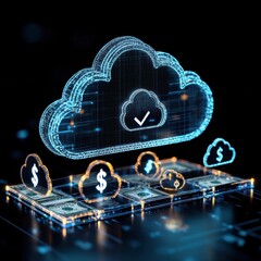 Cloud service storage concept.A digital cloud symbol surrounded by financial icons, representing cloud banking, data security, and modern finance.