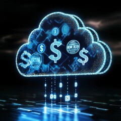 Cloud service storage concept.A digital representation of a cloud filled with money symbols, emphasizing the intersection of finance and technology in a futuristic setting.