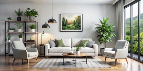 Minimalist Living Room with White Sofa, Green Plants and Landscape Painting, Interior Design, Home Decor Interior Design, Home Decor