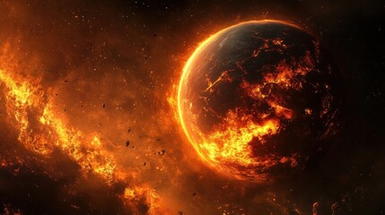 Close up view of a flaming comet colliding with the cold moon. Ai generated image