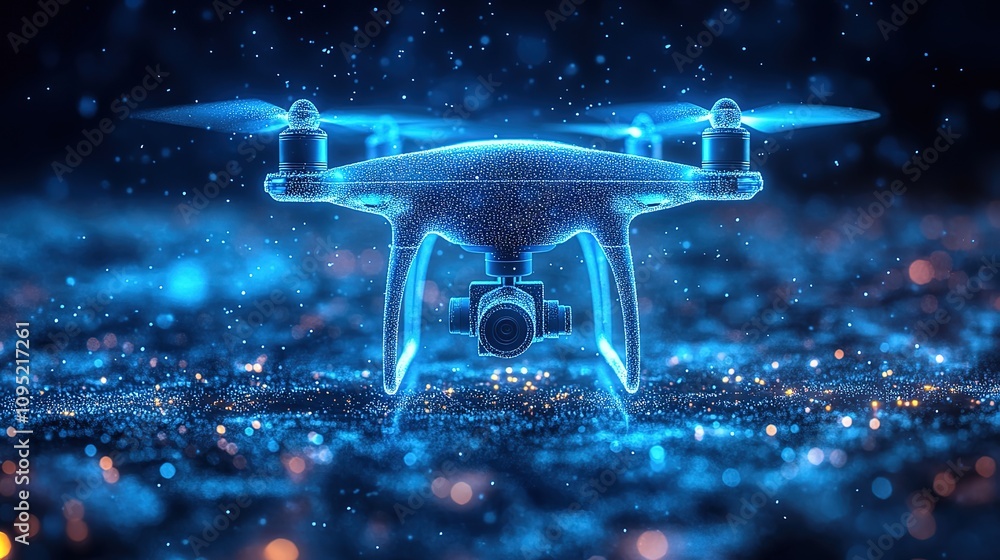 Poster abstract depiction of a drone with action video camera against a dark blue backdrop, characterized b