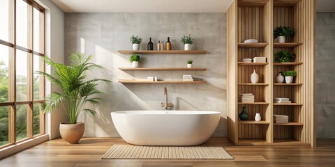 Minimalist Bathroom Design with Freestanding Tub and Wooden Shelving, interior design , bathroom decor