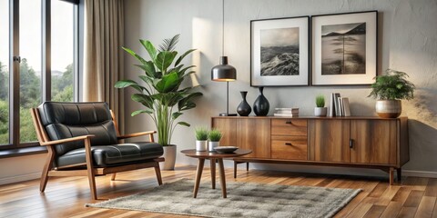 Mid-Century Modern Living Room with Black Leather Chair and Wooden Cabinet, interior design, home decor, living room design