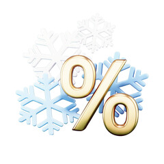 a large gold % percent sign among white and blue Christmas snowflakes. 3d render isolated illustration or winter sale icon concept