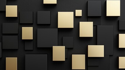 Obraz premium A minimalist geometric pattern with black and gold square blocks arranged in a dynamic grid on a textured background, showcasing elegance and modern style