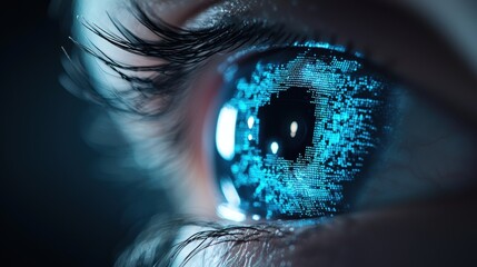 Biometric Eye Scans High tech interface displaying a detailed biometric scan of an eye, with data analysis and authentication progress visualized on screen.