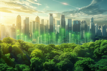 A futuristic cityscape where advanced green infrastructure blends with modern urban design under a clear sky