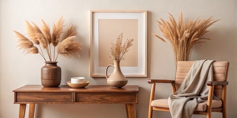 Bohemian Interior Design with Dried Pampas Grass and Wooden Furniture, Bohemian ,Interior Design