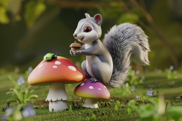 Obraz premium Cute cartoon squirrel with acorn on mushroom with ladybug.