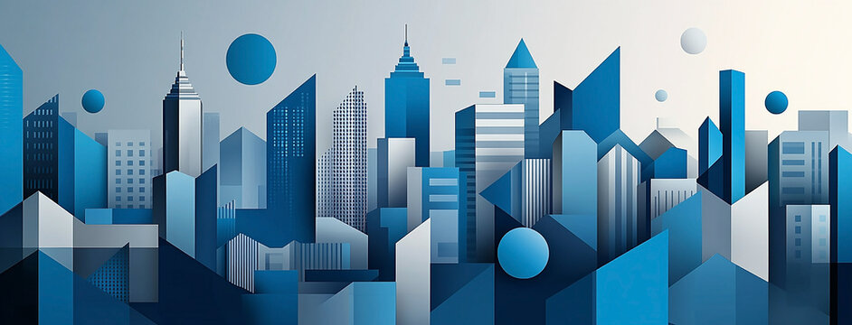 Modern vector art of a stylized urban landscape with angular buildings and circular elements