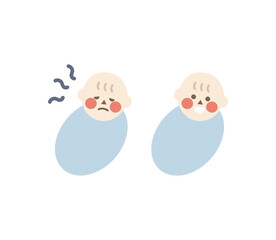 Set of newborn baby boy with different emotion. Child feeling sick and smiling. Healthcare, childcare concepts. Flat design cartoon character vector design isolated illustrations.