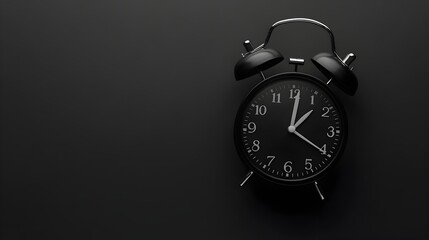 Classic black alarm clock on minimal black background, perfect for time-related concepts,...