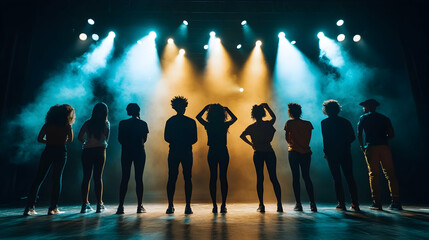 Diverse group of actors taking a bow on stage after a successful performance, under stage lights