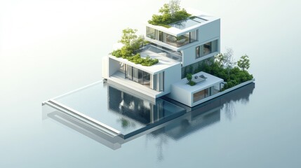 Modern architectural design featuring a luxurious house with greenery and a reflective pool.