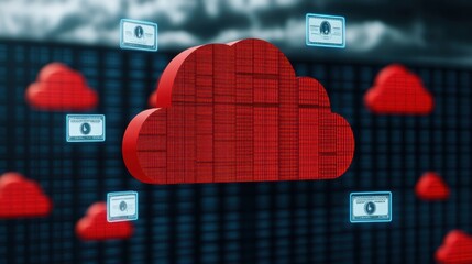 Cloud service storage concept.A red cloud symbol with digital patterns, surrounded by floating dollar bills, representing cloud computing and financial technology.