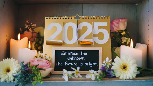 A golden '2025' calendar with the first page torn off, surrounded by fresh flowers, candles, and a motivational quote for the new year. 2025 Happy New Year.