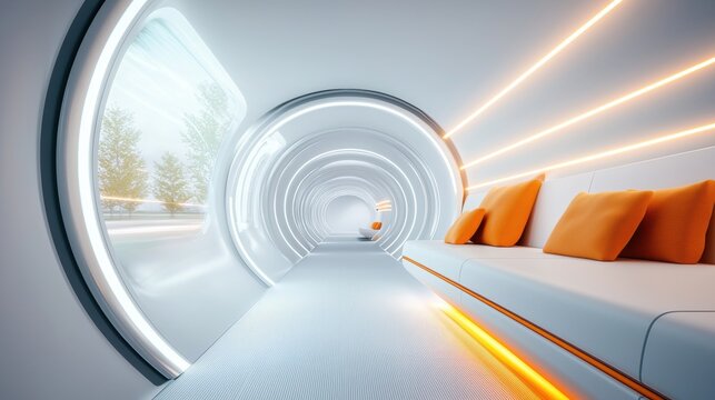 High Speed Motion Blur View from inside a hyperloop pod, with the tunnel walls blurring past, emphasizing the train incredible speed.