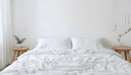 White Bedroom with Crisp Linens and Wooden Accents
