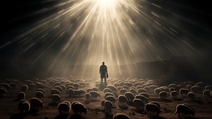 Shepherds in awe as a glowing angel appears in the night sky with their flock nearby