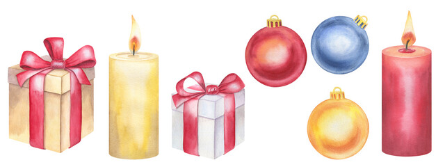 A watercolor set of gift boxes, candles and Christmas balls. Elements for Christmas decoration.