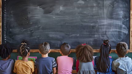 Group of students actively engaged in classroom activities like reading, discussing, and hands-on learning, with a prominent empty space on a chalkboard for custom messages or content.
