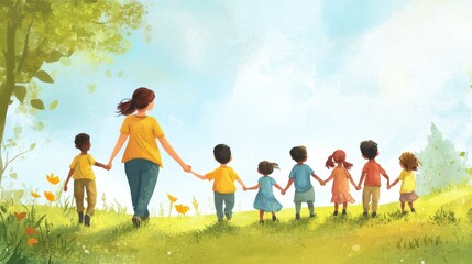 Fototapeta premium Children Walking Hand in Hand with Teacher in Sunny Field