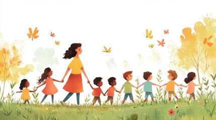 Children Walking Hand in Hand Through a Sunny Field