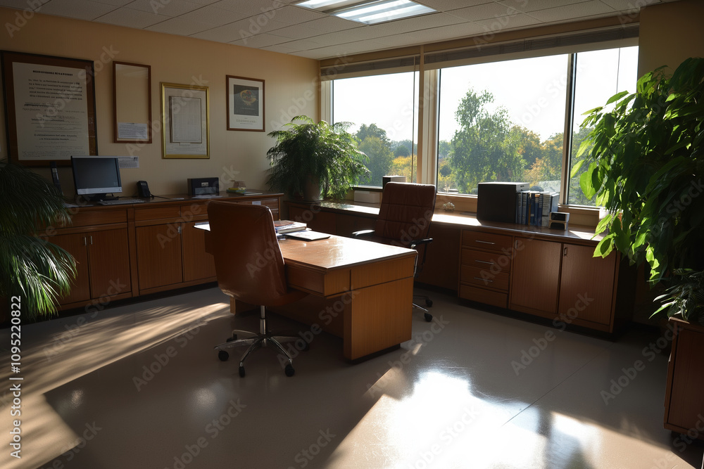 Aufkleber bright office space with large windows and a view of nature in the background
