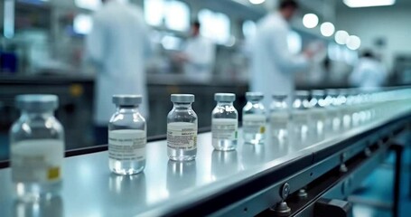 A pharmaceutical company's large-scale production features a conveyor belt transporting small transparent bottles of medicines and vaccines, created with generative AI.
