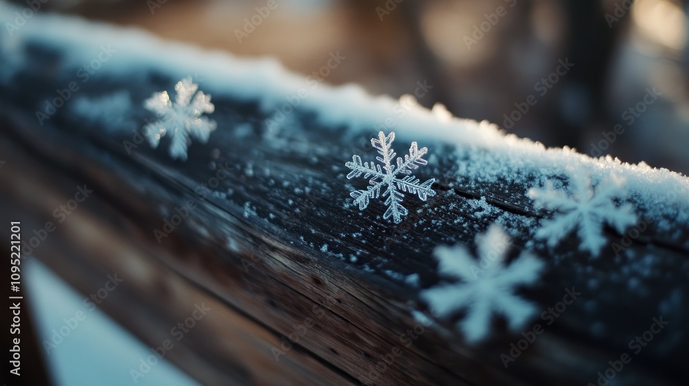 Poster a single snowflake resting on a wooden surface covered in snow