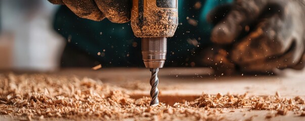 woodwork and tools concept. A close-up of a woodworker using a specialized drill bit to create clean, tear-free holes for dowel joinery