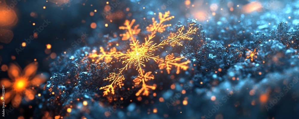 Poster glowing golden snowflake resting on sparkling cold ice crystals