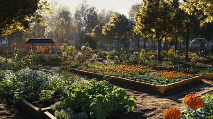 A Sunny Day in a Lush Garden with Wooden Raised Beds