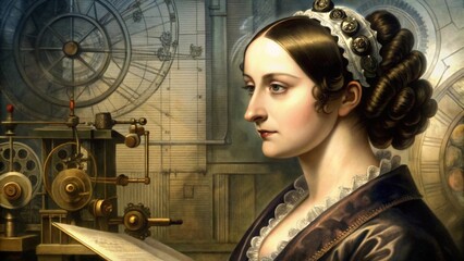 Portrait of Ada Lovelace, analyzing notes with a vintage analytical engine diagram in the background