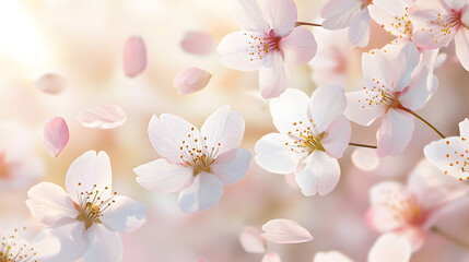 Pink Cherry Blossom Petals Falling, Spring Flowers, Soft Light, Floral Background, Nature Photography
