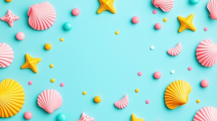 Fototapeta premium Pastel Seashells Starfish Beads Summer Background