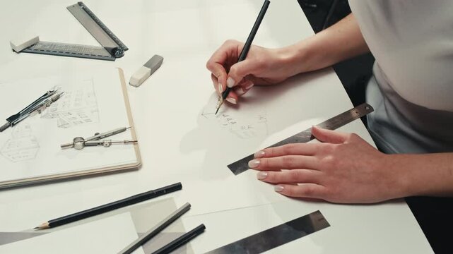 Young woman artist is drawing buildings by pencil using ruler on white paper . The designer or engineer making sketches for the projection of the building or house close-up. Drawing and sketching