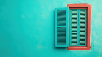 Fototapeta premium Teal Shutter Window on Turquoise Wall Home Exterior Vintage Design