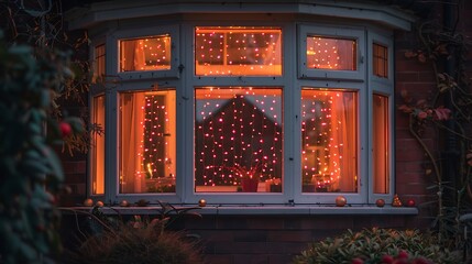 A string of twinkling red fairy lights, delicately hanging along a large bay window, casting a warm, inviting glow