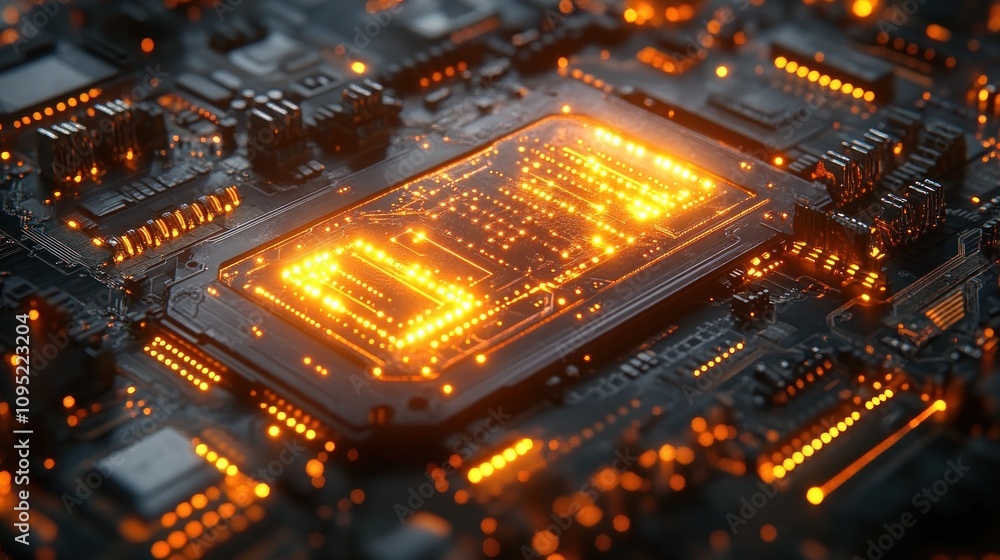 Poster closeup of a circuit board with glowing components