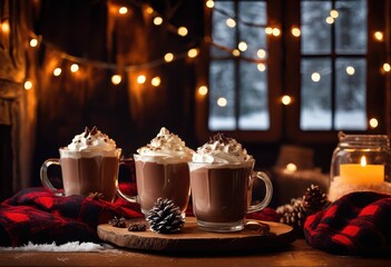 Fototapeta premium cozy winter beverage setup featuring steaming warm inviting accessories perfect seasonal retreat, cup, coffee, blanket, coaster, mug, pot, sweater, tray