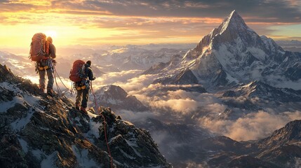 Obraz premium Climbers reaching snowy summit at golden sunrise.