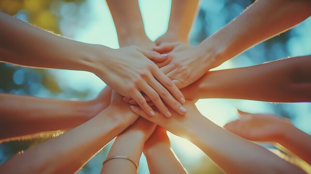 Close up of hands coming together in unity during, Peoples hand meet